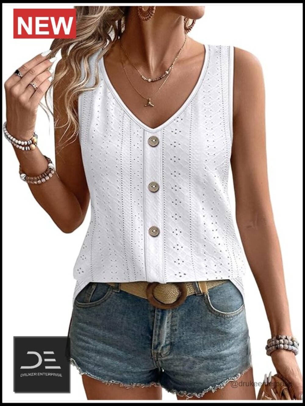 Loose Eyelet V-Neck Sleeveless Tank Top Relaxed Fit Summer